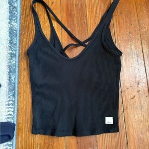 Vuori Black Ribbed V-Neck Cropped Cami with Crisscross Back